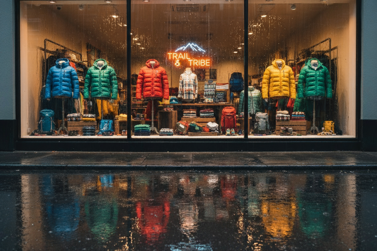 make the neon light say "Trail & Tribe" and give better clothing variety like sweaters and T-shirts and hats